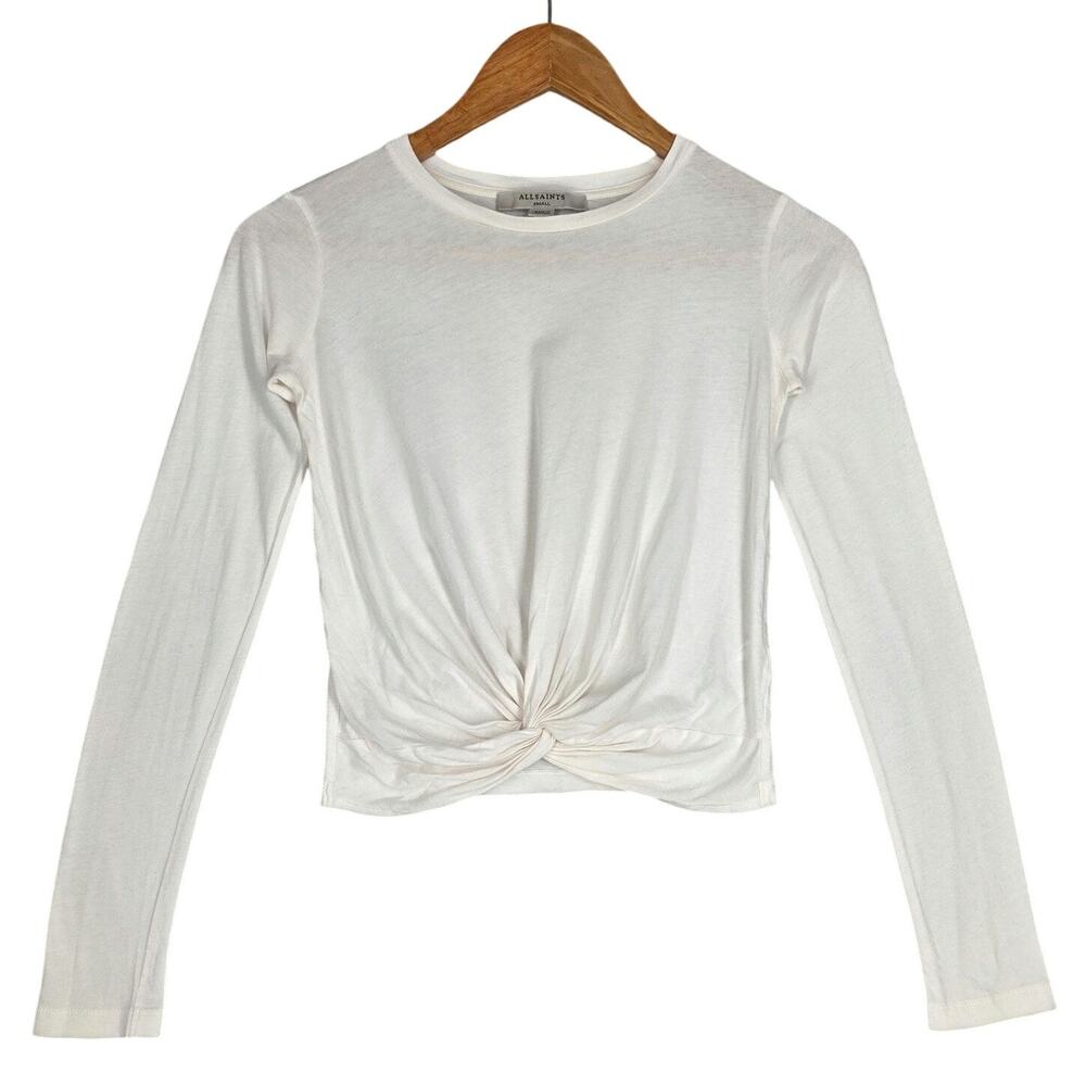 ALLSAINTS TWISTED‑FRONT LONG‑SLEEVE TOP – WHITE – WOMEN’S SMALL – 100% COTTON